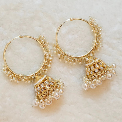 Raya - Stunning White Kundan Gold Plated Hoop Jhumka Earrings