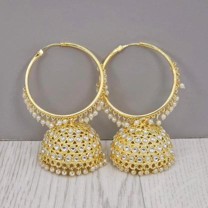 Poonam - Stunning White Kundan Gold Plated Hoop Jhumka Earrings.