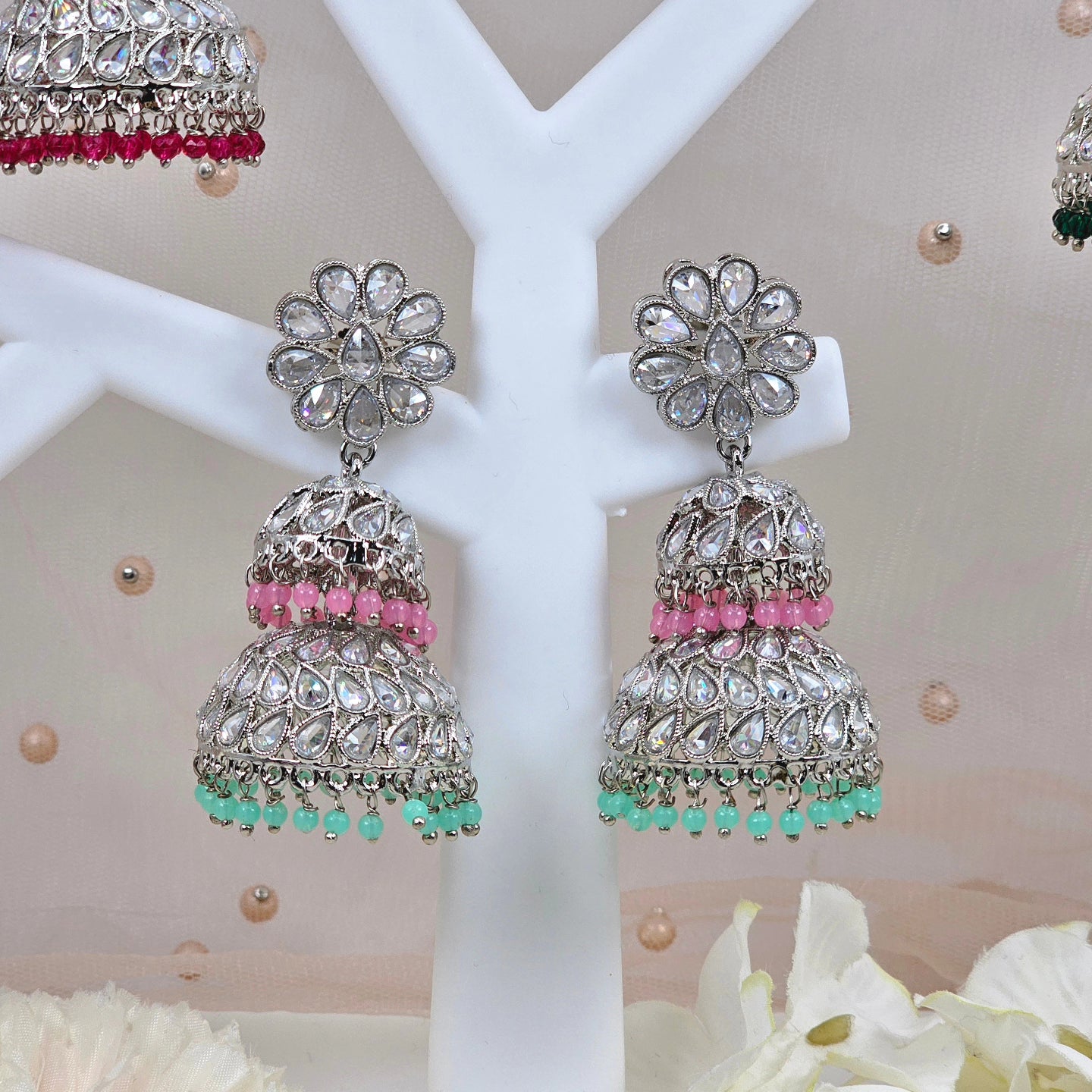 Maira Stunning Silver-Plated Polki Jhumka Earrings with colourfull Accents.