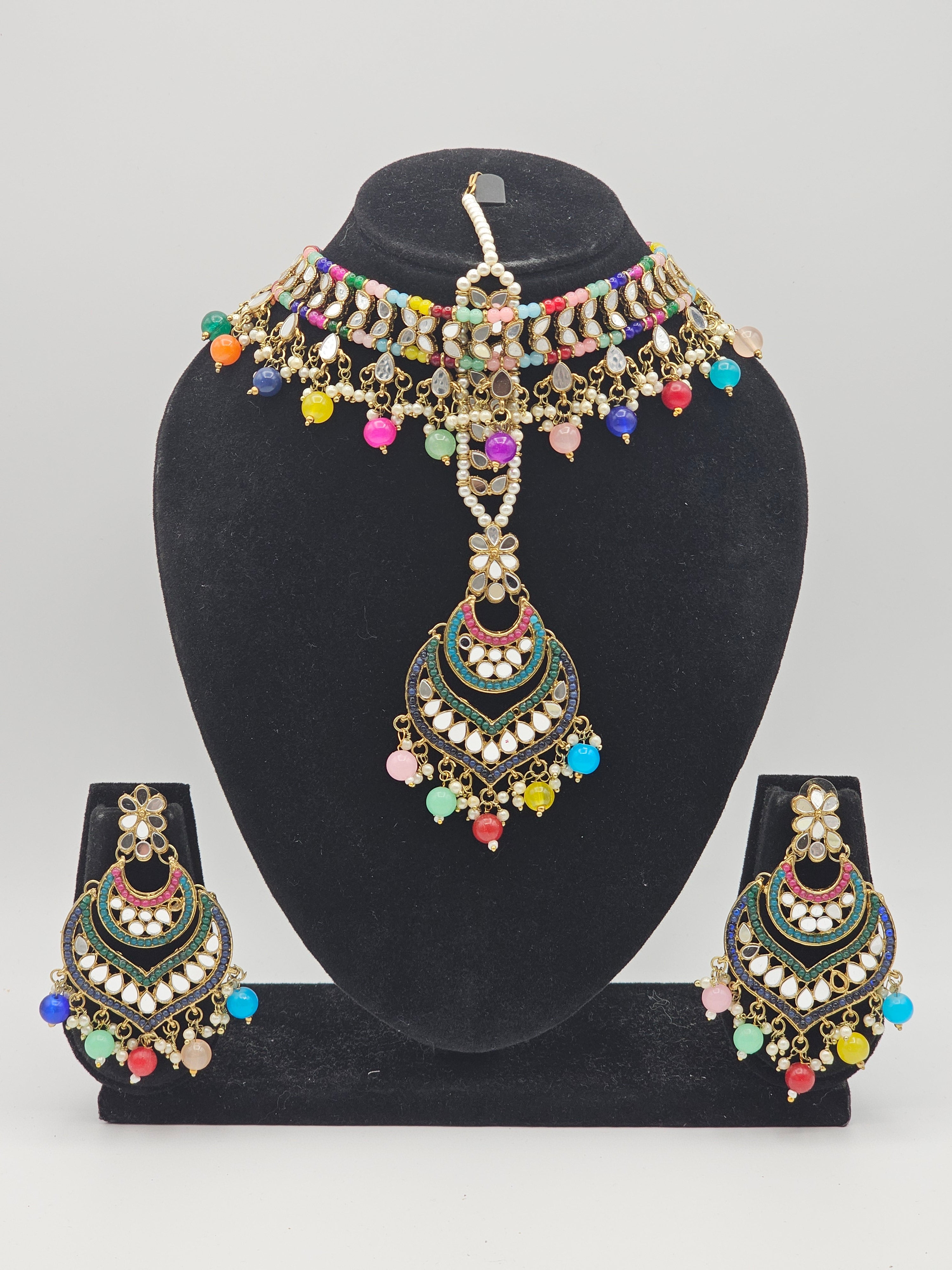 Priya Multicolor Mirror Choker Necklace Set - Gold