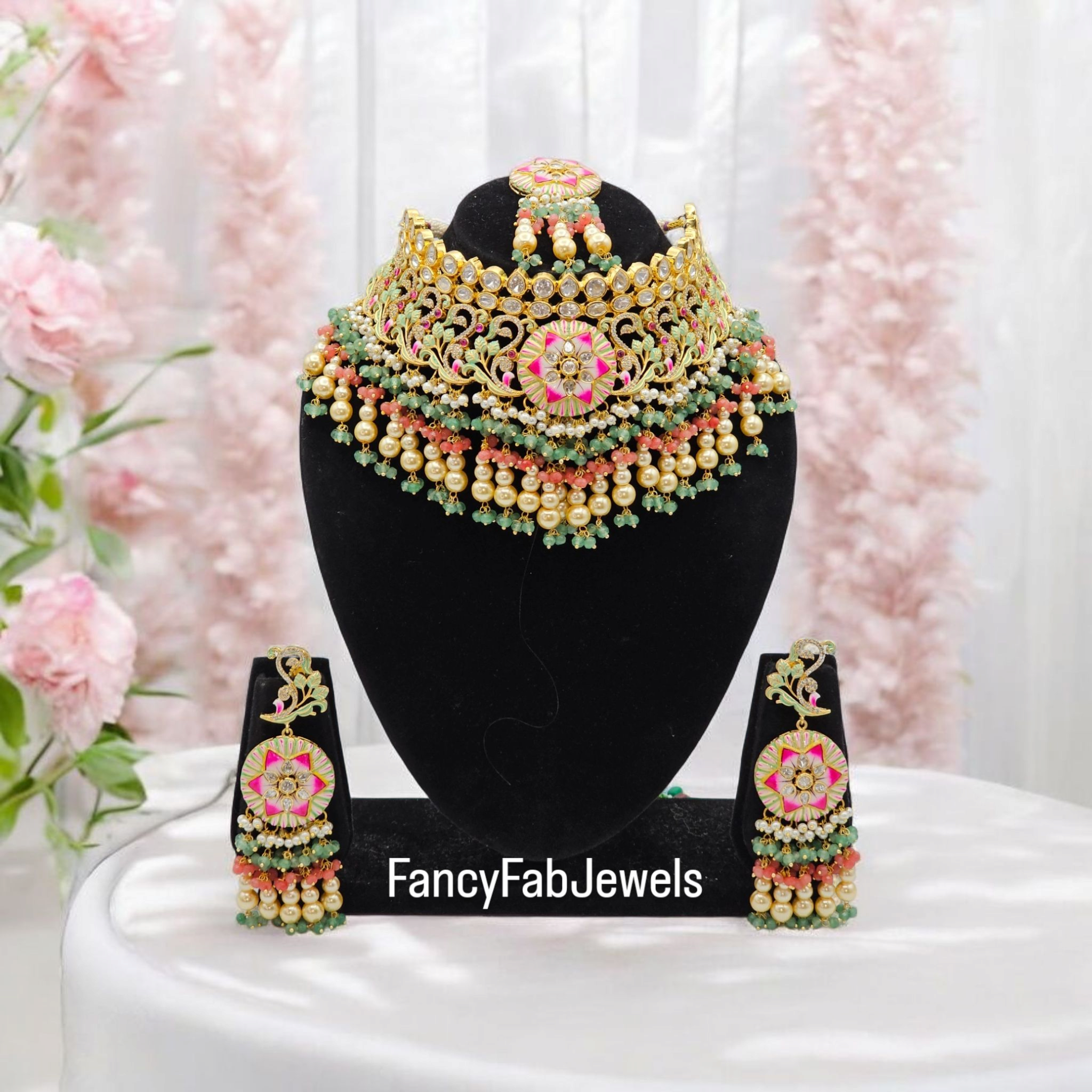 Sarina Premium Quality Paachi Kundan Choker Necklace Set - Multicolour