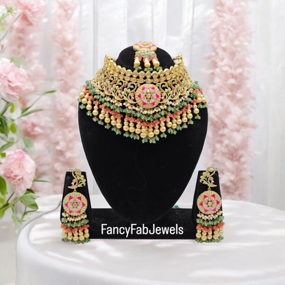 Sarina Premium Quality Paachi Kundan Choker Necklace Set - Multicolour