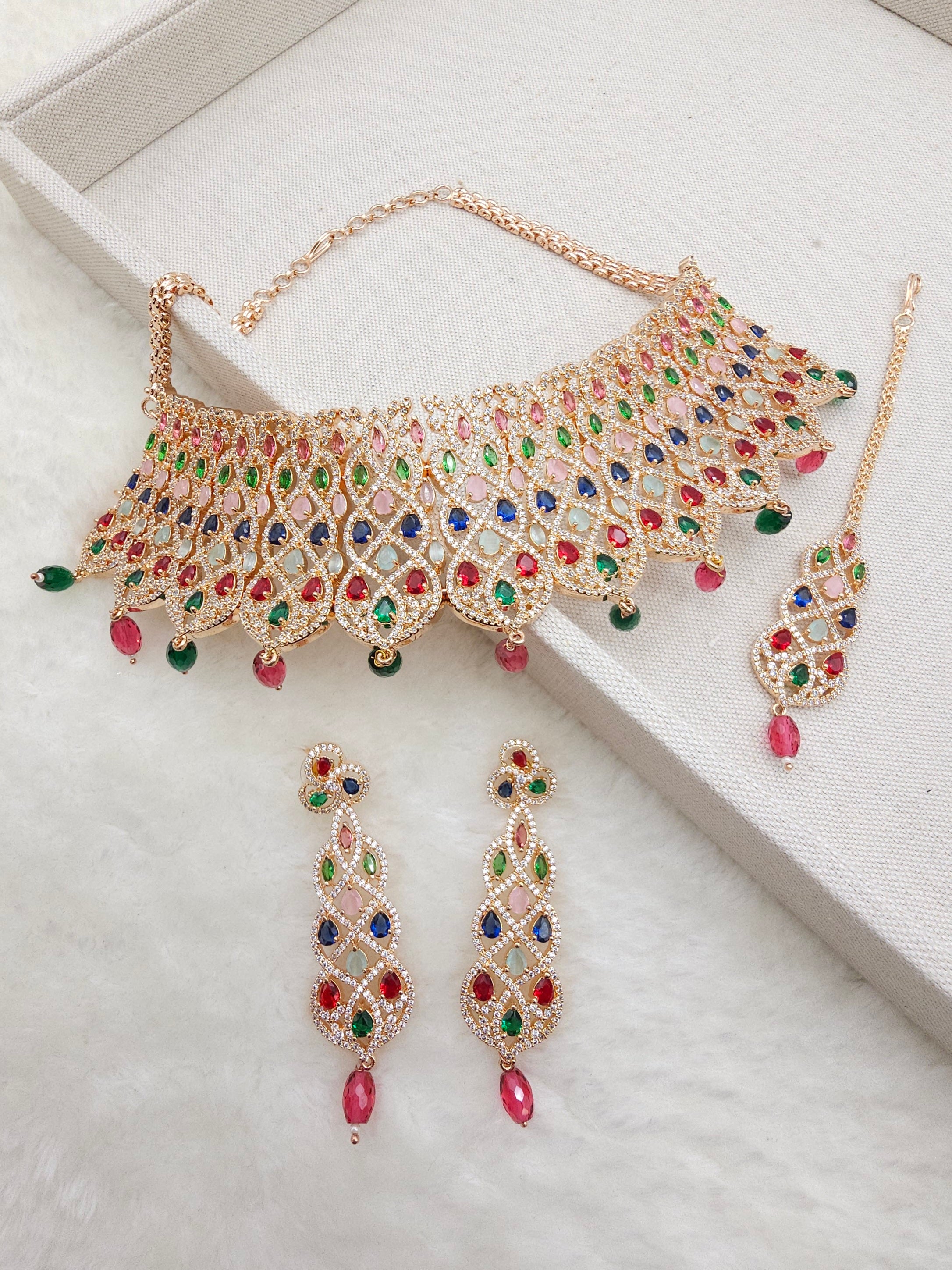 Zahra American Diamond CZ Rose Gold Choker Necklace Set