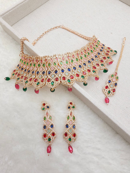 Zahra American Diamond CZ Rose Gold Choker Necklace Set