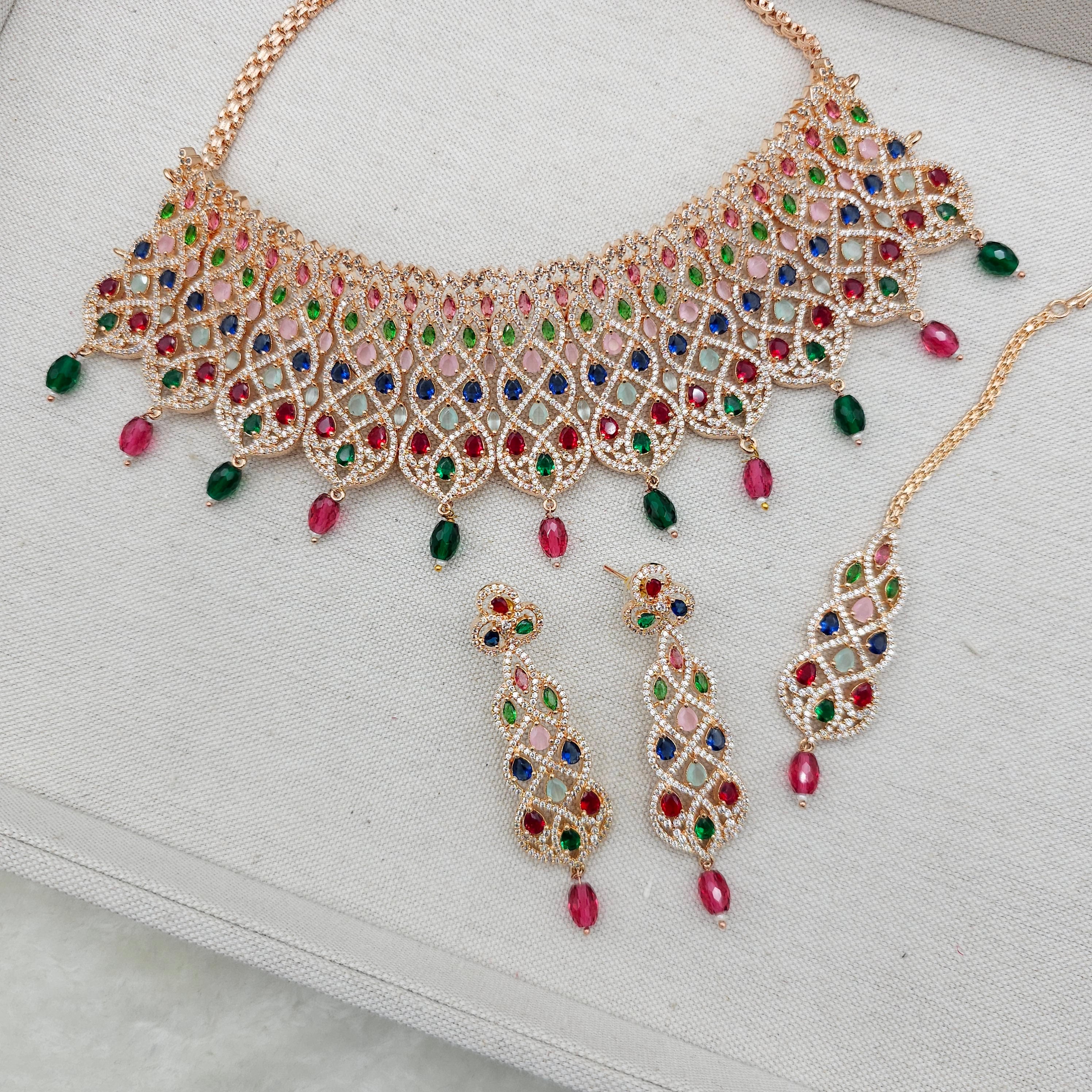 Zahra American Diamond CZ Rose Gold Choker Necklace Set