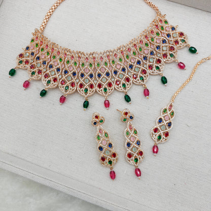 Zahra American Diamond CZ Rose Gold Choker Necklace Set