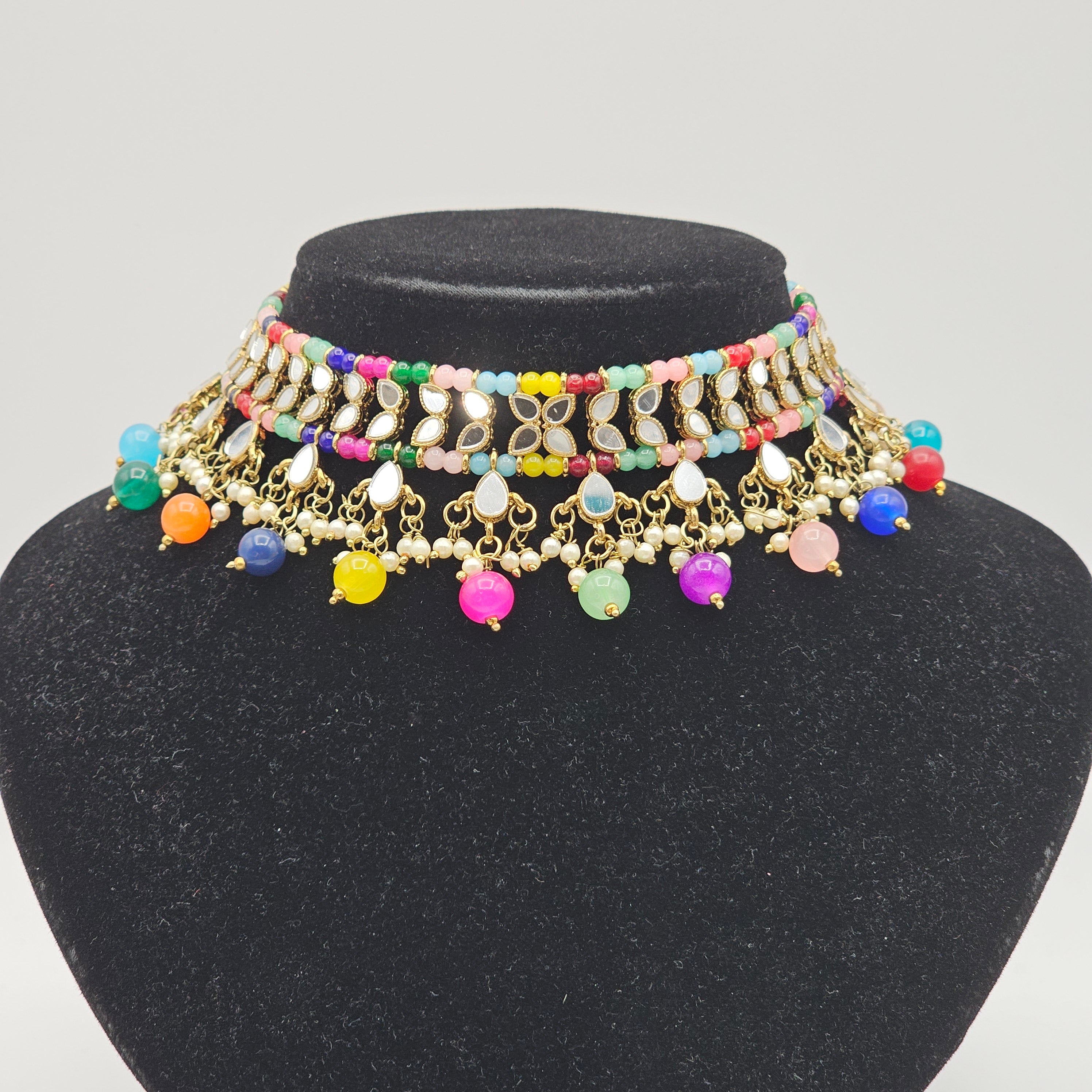 Priya Multicolor Mirror Choker Necklace Set - Gold