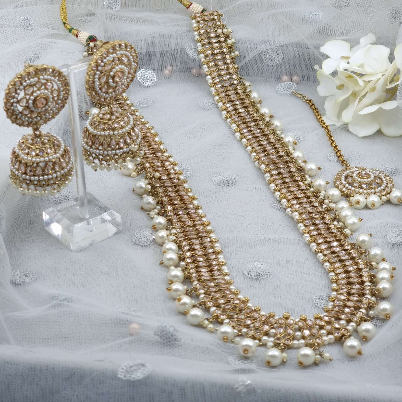 Sabiha - Antique Gold Polki Mala Necklace Set with Jhumki Earrings and Tikka - Fancy Fab Jewels