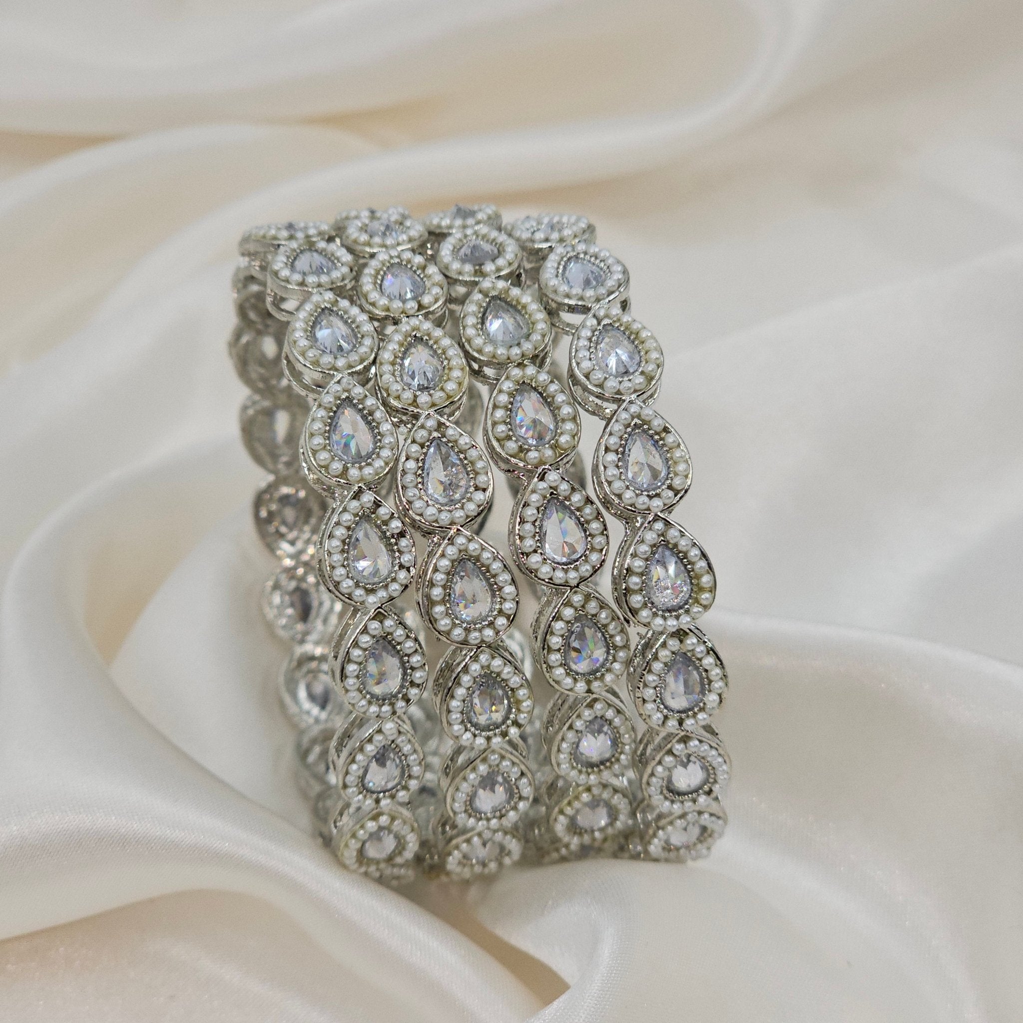 Saloni - Set of 4 Pearl Bangles Silver - Fancy Fab Jewels