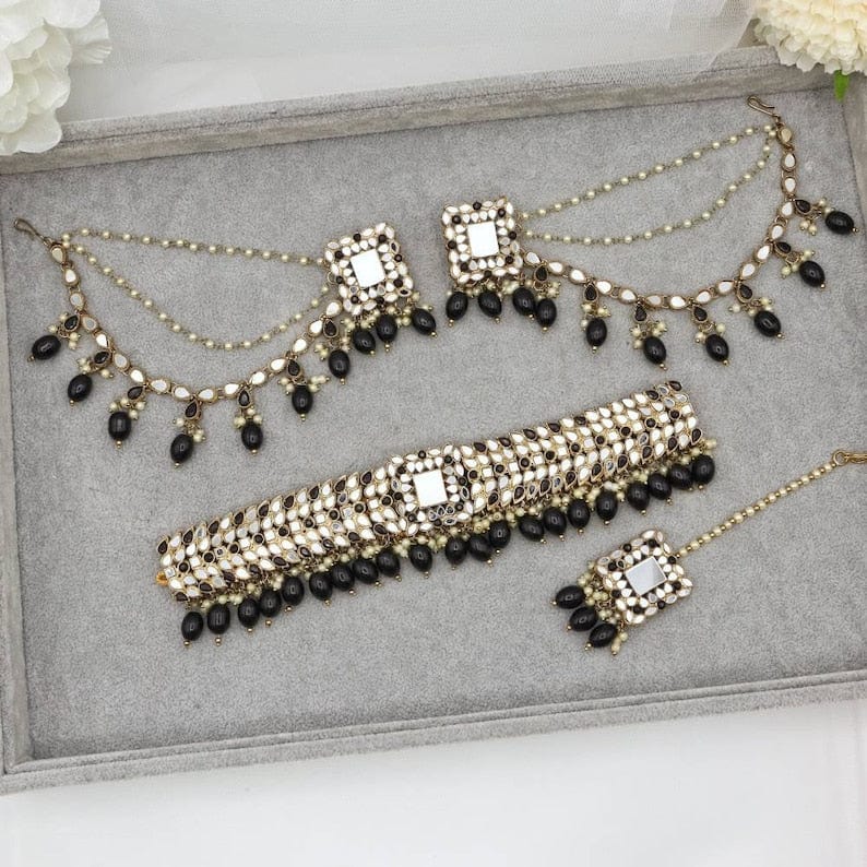 Sara Antique Gold Mirror Choker Necklace Set - Black - Fancy Fab Jewels