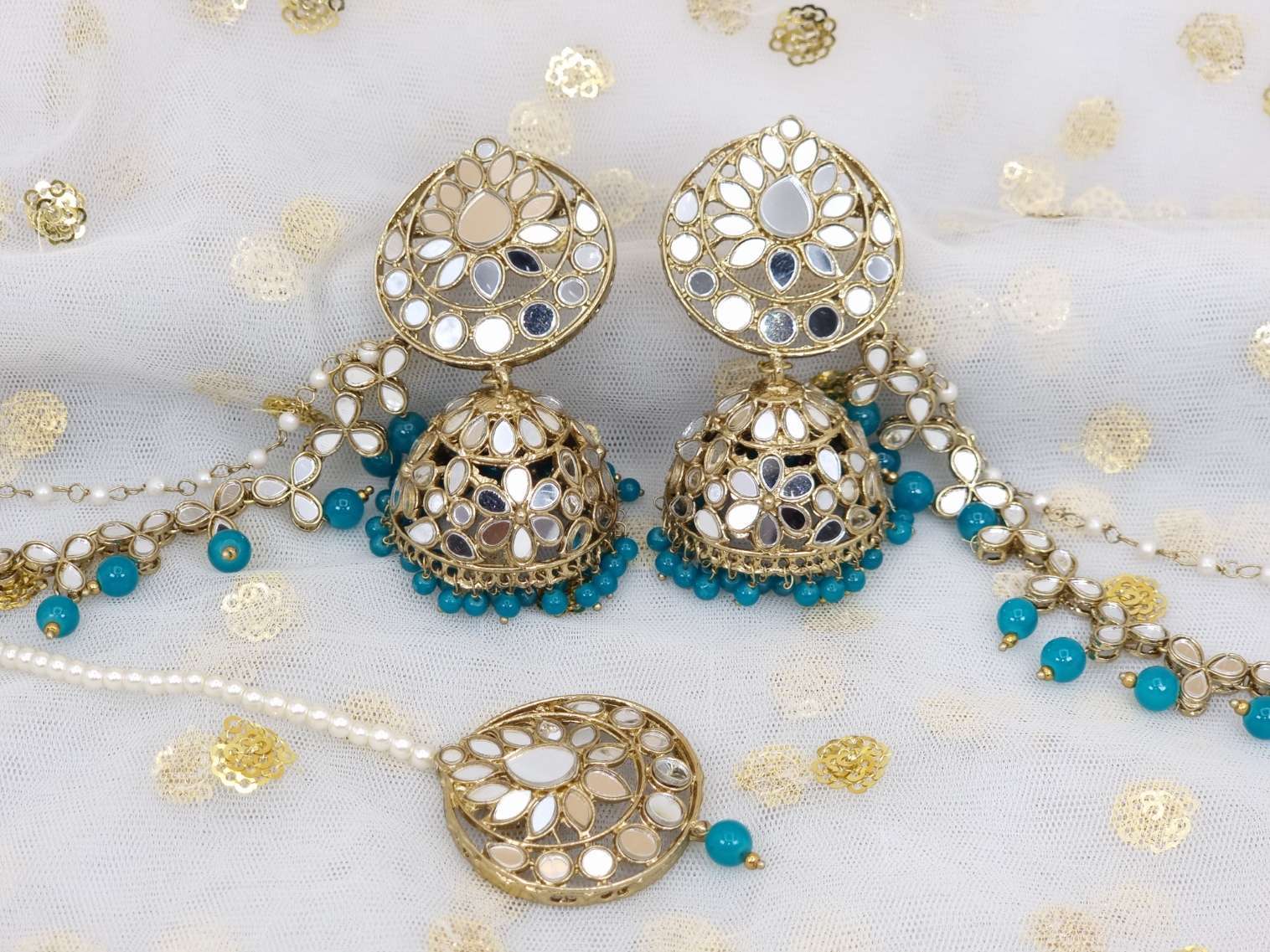 Sharon Earring and Tikka Set Teal - Fancy Fab Jewels