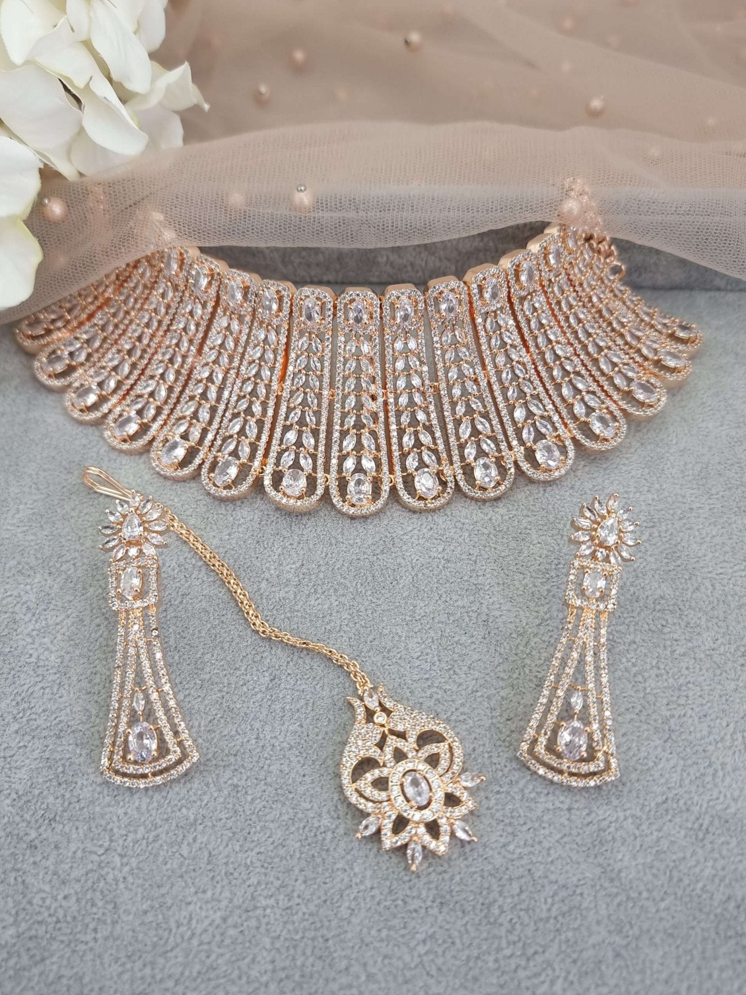Sheena Bridal Choker Set Full Rose Gold - Fancy Fab Jewels
